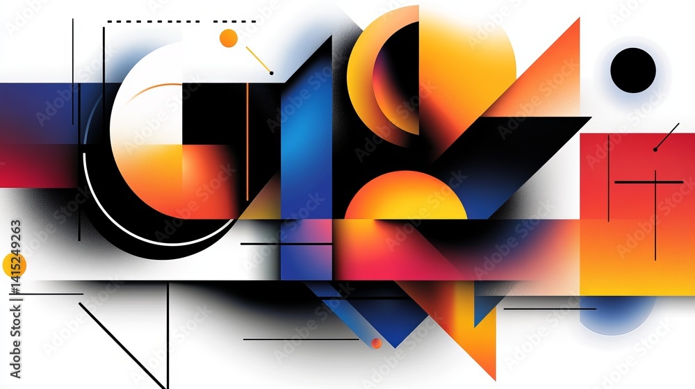 Poster abstract geometric shapes are displayed with blending colors against a white background, featuring l