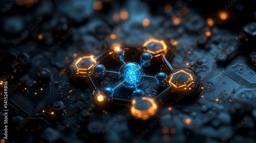 Aufkleber abstract digital artwork depicting a glowing blue molecule connected to hexagonal structures on a da