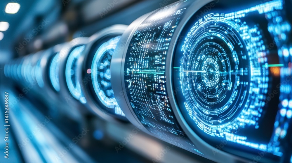 Poster futuristic digital displays with glowing blue data streams in a technological environment.