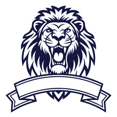 Obraz premium Lion Roaring, Open Mouth with Ribbon Below in Isolated Design