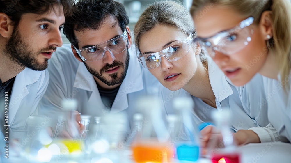 Aufkleber collaborative business team analyzing data in laboratory science environment close-up view