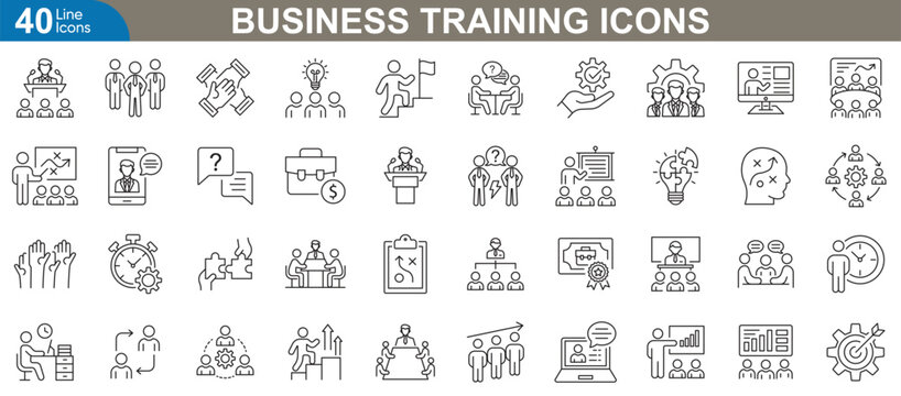 Business training icons set. Vector line icons for leadership development, teamwork, skill enhancement, perfect for presentations, e-learning, and more. Vector illustration