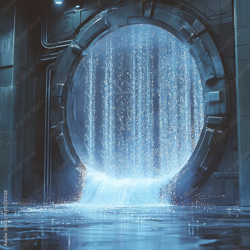Poster a digital artwork depicting a futuristic portal resembling a cascading waterfall of light and energy