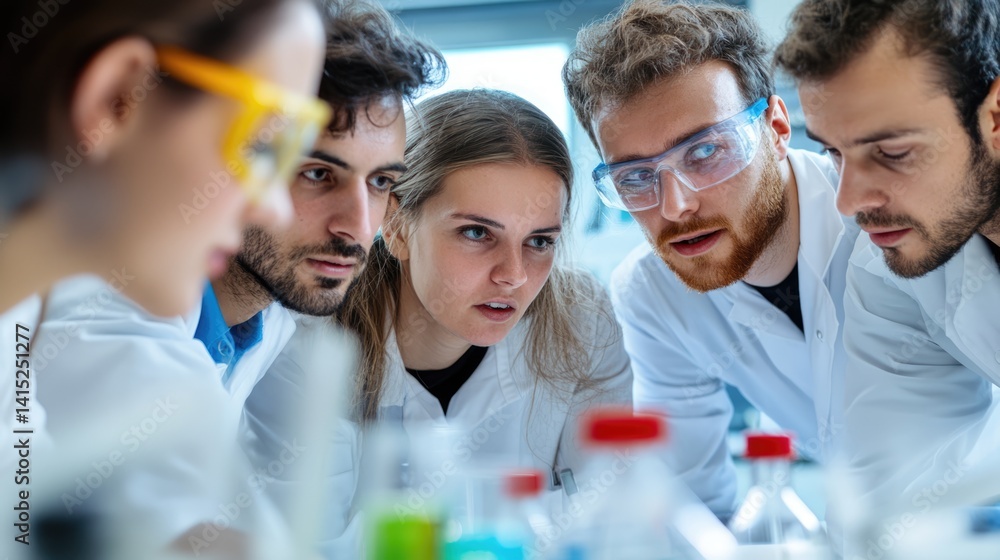 Poster collaborative business team analyzing data in modern laboratory closeup perspective innovation