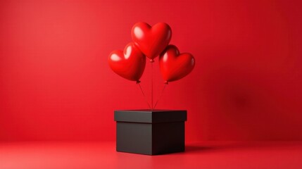 Three Red Heart Balloons Floating Above a Black Gift Box on Red Background