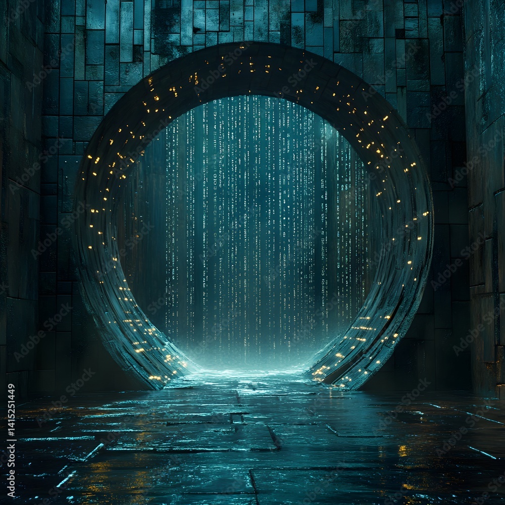 Poster a digital rain falls through a futuristic circular gateway in a cyberpunk-style architecture. the sc
