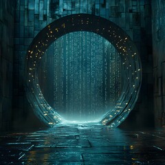 A digital rain falls through a futuristic circular gateway in a cyberpunk-style architecture. The scene is dark and mysterious. Futuristic Technology Backgrounds. A surreal depiction of a data Leak