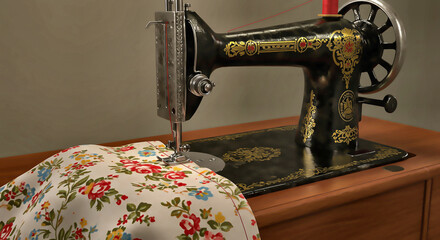 Vintage Sewing Machine with Floral Fabric
