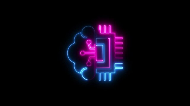 Glowing neon artificial intelligence icon isolated on black background. HD Video motion graphic animation