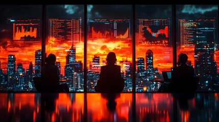 Shareholders analyze holographic market data in a digital investment hub