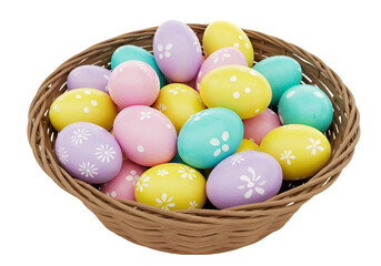 Easter basket filled with colorful eggs on a white background