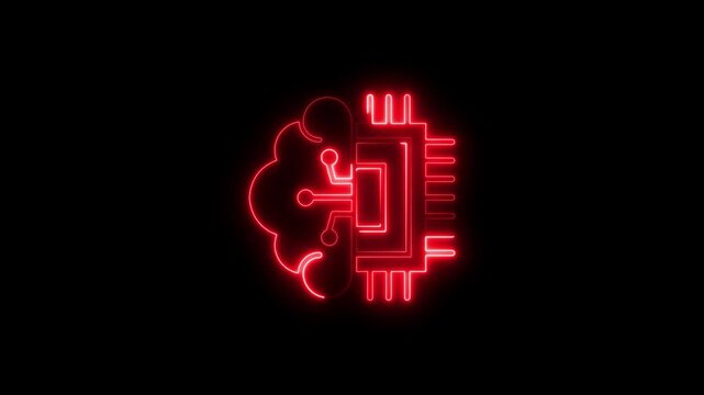 Glowing neon artificial intelligence icon isolated on black background. HD Video motion graphic animation