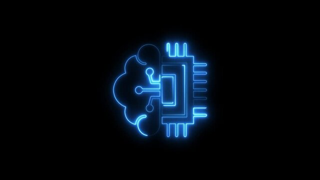 Glowing neon artificial intelligence icon isolated on black background. HD Video motion graphic animation