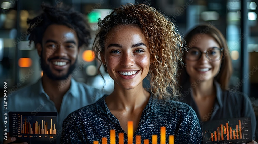 Poster diverse group of business shareholders smiling and analyzing data in a modern office setting
