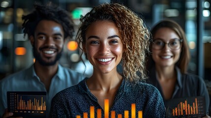Diverse group of business shareholders smiling and analyzing data in a modern office setting