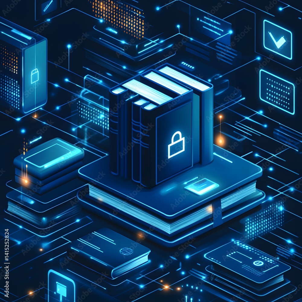 Poster digital books secured by advanced data protection systems. cloud library with safety measures. futur