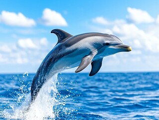 Fototapeta premium Dolphin Leaps from Ocean Blue Splashes Sky White Clouds Mammal Marine Life