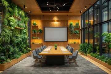 Eco-friendly boardroom featuring a living wall and greenery fostering a natural ambiance