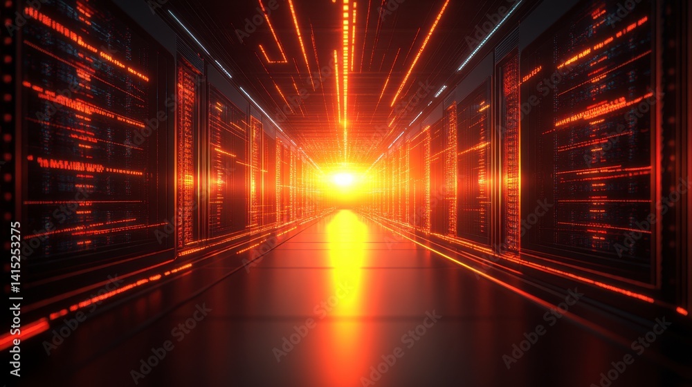 Poster abstract digital corridor with glowing orange data streams and bright light at the end.