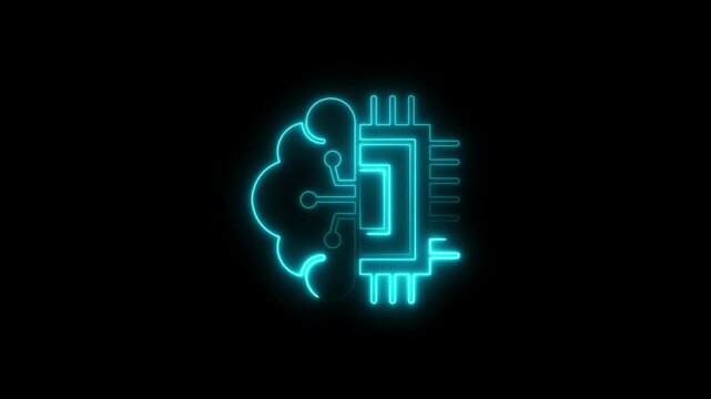 Glowing neon artificial intelligence icon isolated on black background. HD Video motion graphic animation