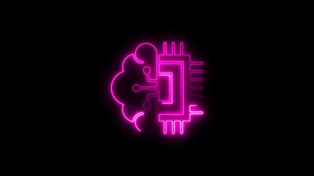 Glowing neon artificial intelligence icon isolated on black background. HD Video motion graphic animation