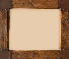 Close up of vintage rustic solid wood frame with open black veins, with cream beige background. Suitable for wall frame decoration or graphic background vector. Seamless background texture.