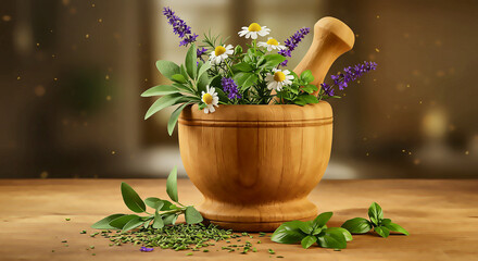 Herbal Mortar and Pestle with Fresh Herbs