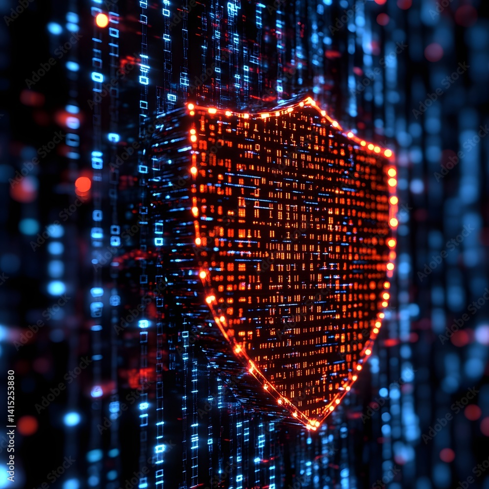 Poster a glowing digital shield representing cybersecurity, data protection, and online safety in the moder