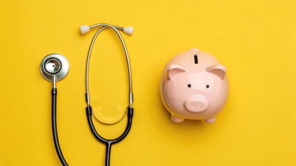 Healthcare Costs savings. Stethoscope and piggy bank on a bright yellow background, symbolizing healthcare and financial planning.