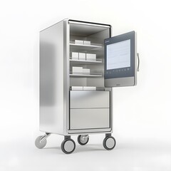 Silver medical cart with open screen door