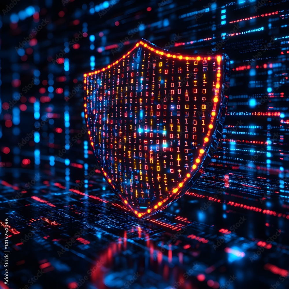 Aufkleber a glowing digital shield represents cybersecurity, built from binary code, safeguarding digital asse
