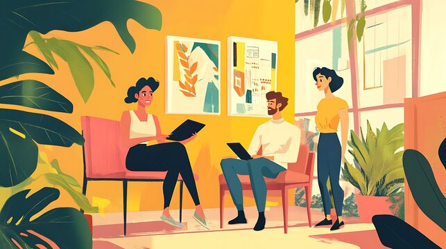 Mixed-gender office team exploring new ideas together using a digital tablet to support discussions