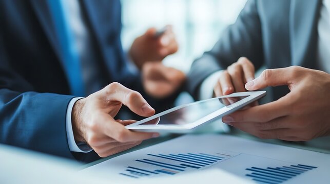 Mixed-gender office team exploring new ideas together using a digital tablet to support discussions