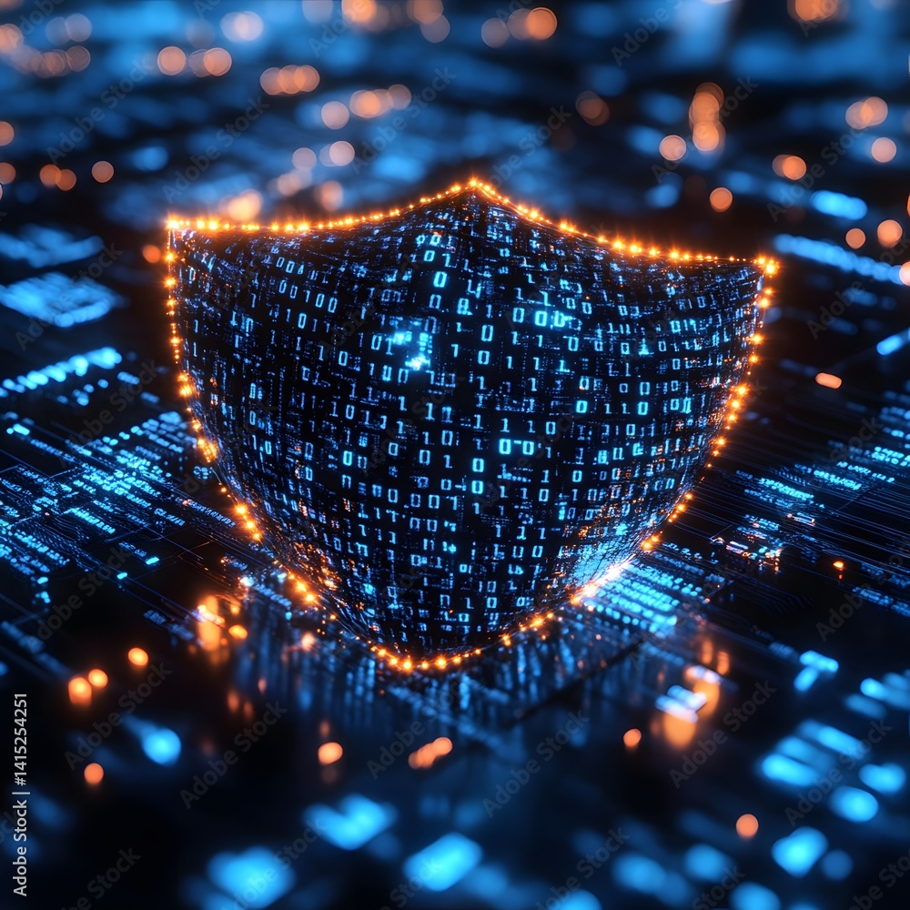 Aufkleber A digital shield composed of binary code, representing cybersecurity and data protection. This image conveys security and technological advancement. Futuristic Technology Backgrounds Cybersecurity