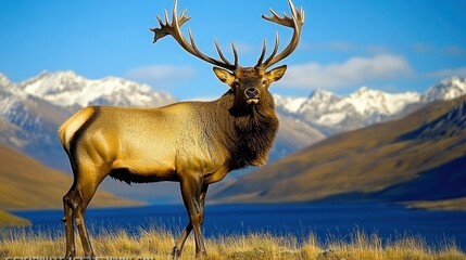 Fototapeta premium Majestic elk stands proud against a backdrop of majestic mountains and a serene lake