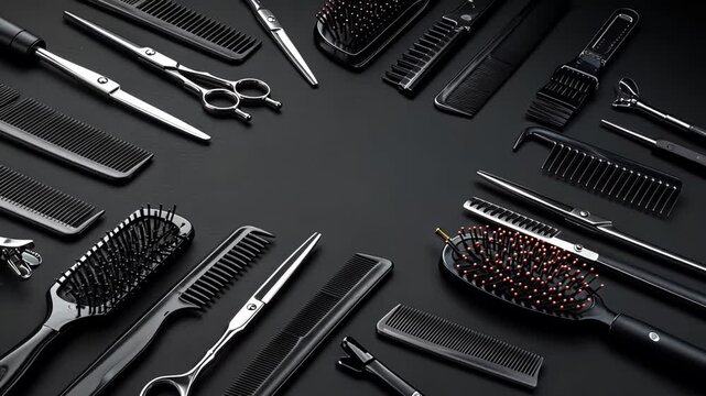 Dynamic arrangement of hairdressing tools on black surface transform over time