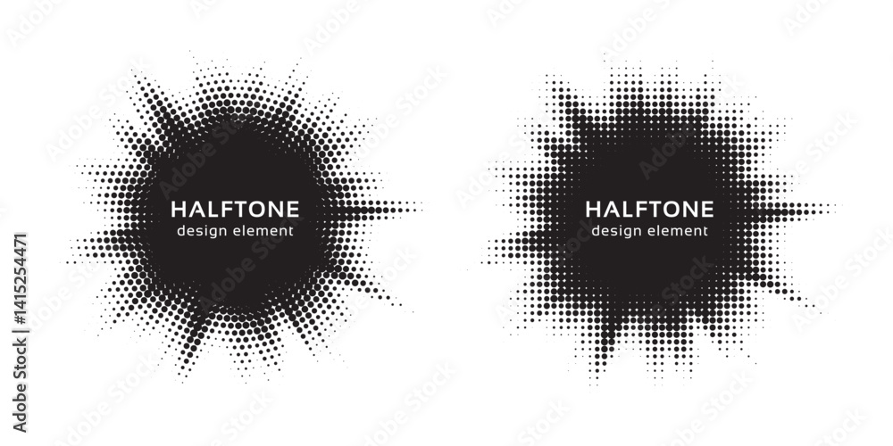 Leinwandbilder Halftone circle frame background set. Round border Icon using halftone random circle. Grunge circular stain. Vector illustration.