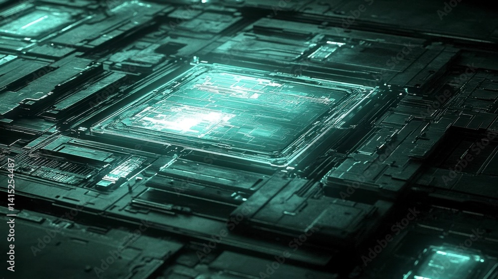 Poster close up view of a teal and dark green circuit board with glowing central processor.