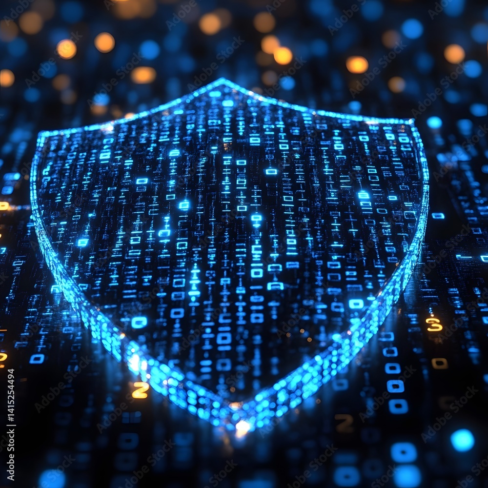 Poster a glowing digital shield symbolizing cybersecurity and data protection. the image depicts a strong d