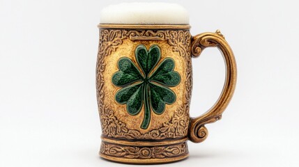 Gold beer stein with shamrock design, frothy head, white background. 