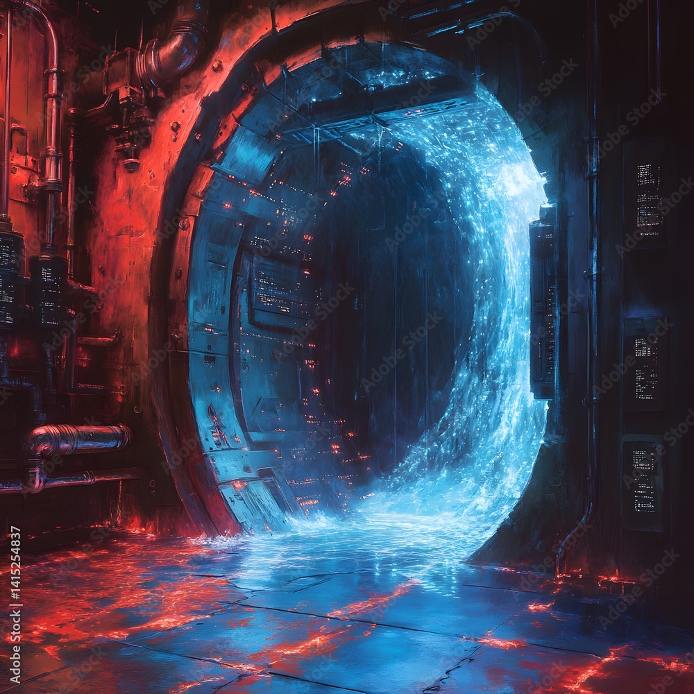 Poster a digital painting depicting a glowing futuristic portal, emanating blue and red light. sci-fi conce