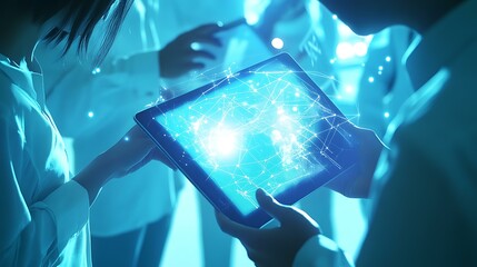 Positive work culture reflected in a team using a digital tablet for effective collaboration