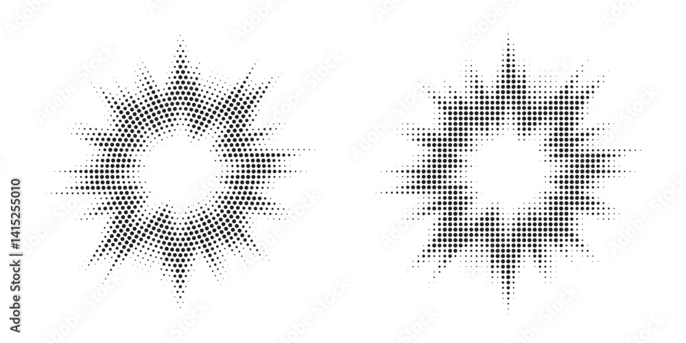 Poster Halftone Background. Glowing light Halftone effect. Abstract grunge Starburst halftone dots background set. Star Flare, Shine light halftone texture. Retro background, pop art style.