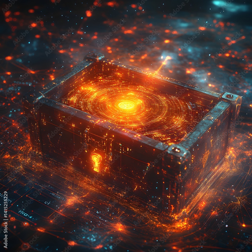 Poster a digital art depicting a futuristic glowing chest with a keyhole. futuristic technology backgrounds