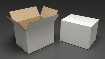 White closed and open cardboard box mockups. 3d illustration on gray background