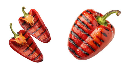 A whole grilled red sweet bell pepper and slices on a transparent background png food design