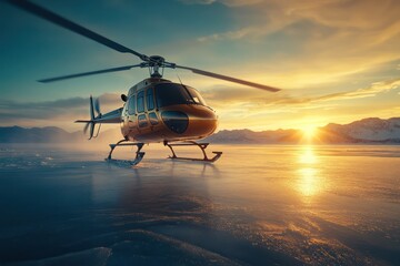Helicopter sunrise flight over frozen lake