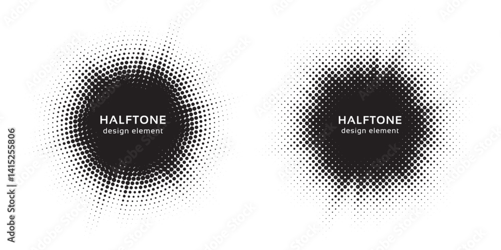 Poster Halftone circle frame background set. Round border Icon using halftone random circle. Grunge circular stain. Vector illustration.