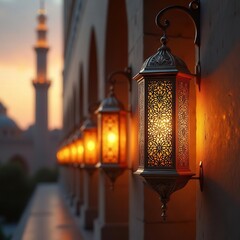 Illuminated lanterns lining a wall with a mosque minaret in the background at dusk or dawn setting