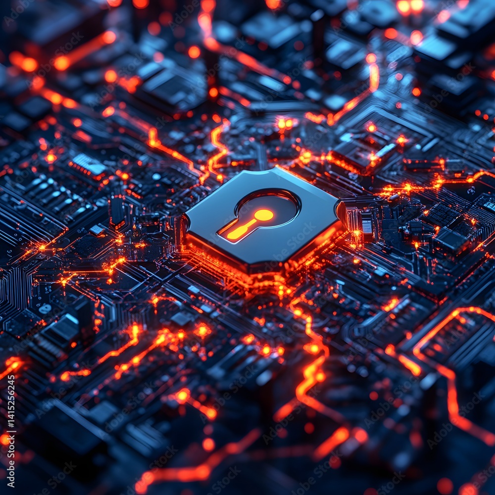 Poster abstract digital keyhole on a glowing circuit board. represents cybersecurity and data protection. f